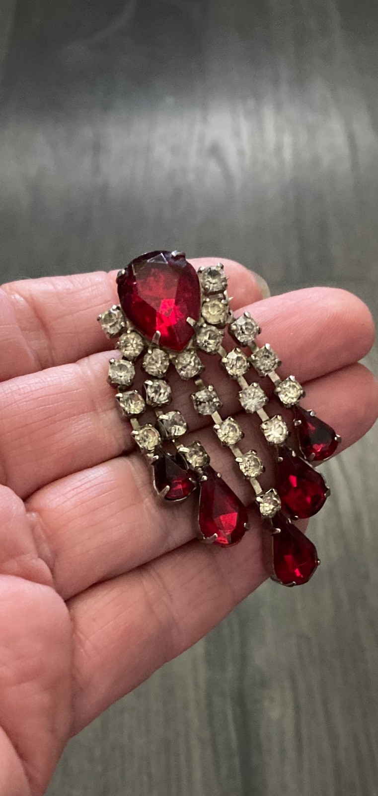 Vintage 50s 60s Czech Ruby Red & Clear Glass Rhinestone Dangle/Tassel Brooch Pin