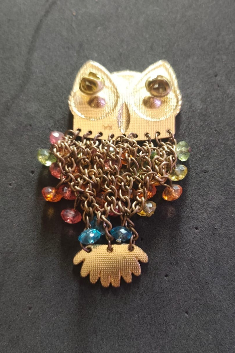 Vintage Owl Brooch Dangle Beaded Rhinestone Gold Tone Colorful Statement Pin