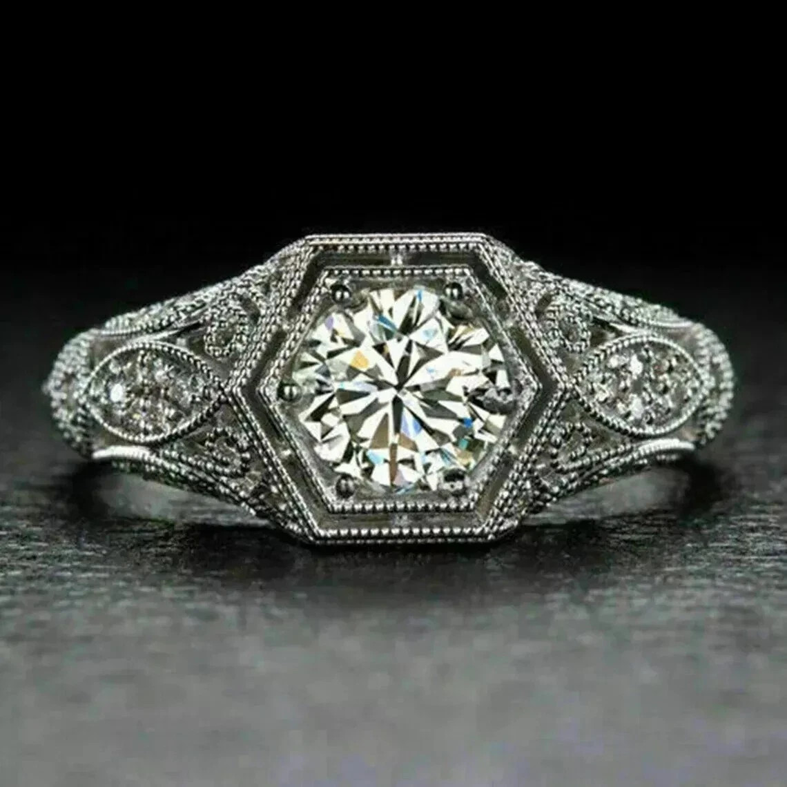Art Deco Vintage Style Round Lab Created Diamond Engagement Ring 14K Gold Finish