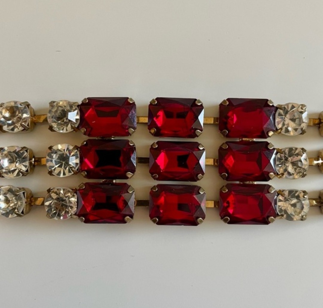 Vintage Bracelet Chain Link Gold Tone With Red & Clear Stones