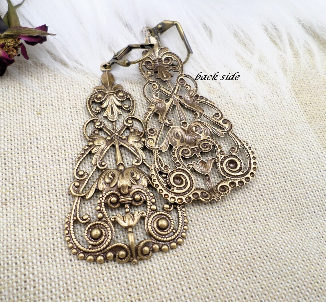 Large Brass Filigree Statement Earrings, Victorian Reproduction Jewelry, Tudor