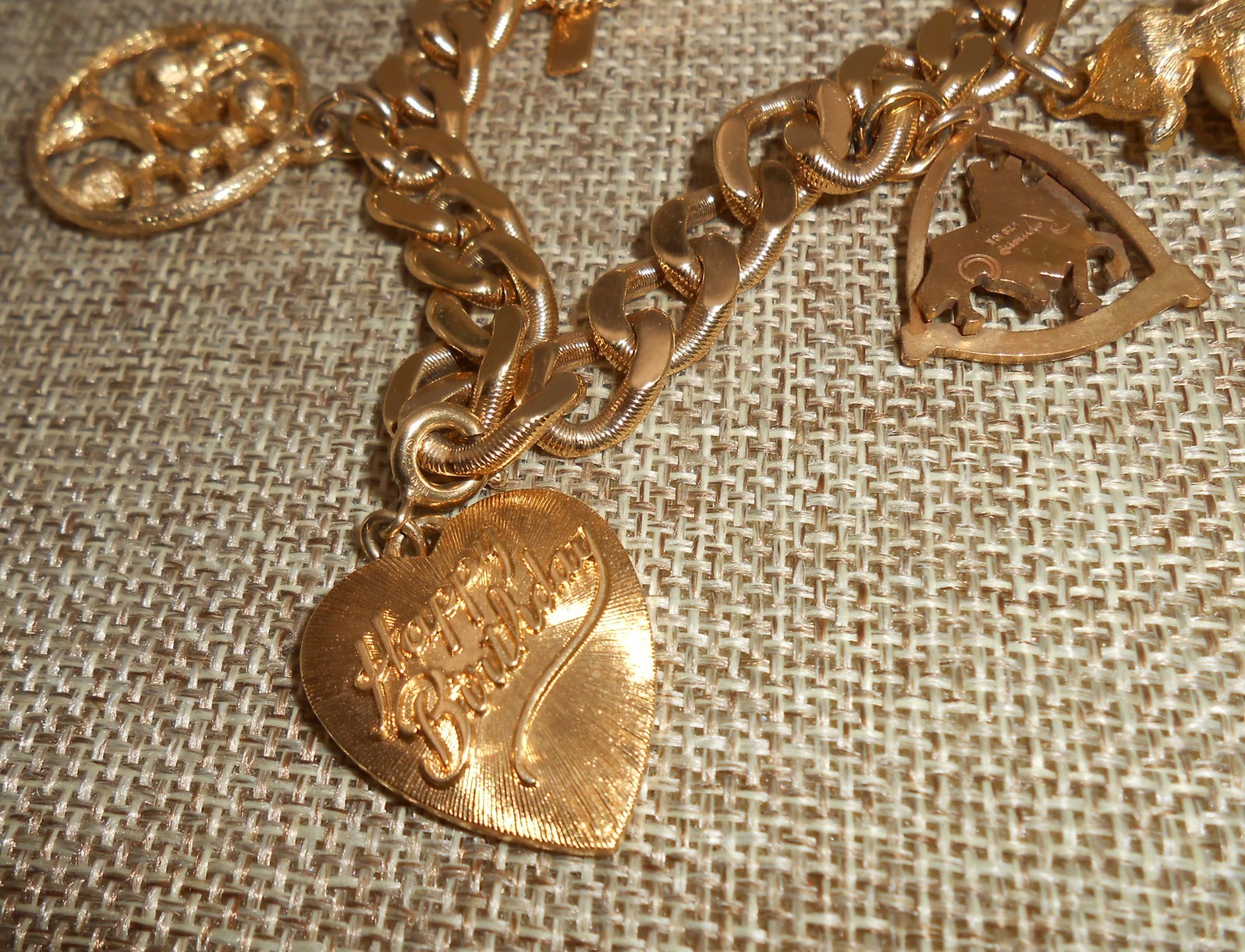 MONET Charm Bracelet & 5 Charms Birthday GF St Louis Family Tree Cupid Elf N30
