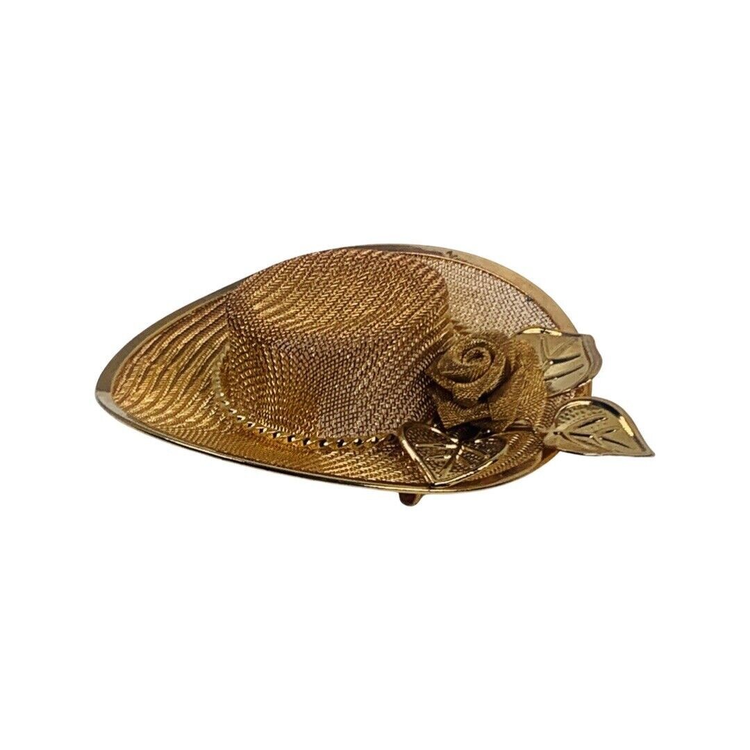 Gold Tone Sun Hat Brooch 2.5″ Pin