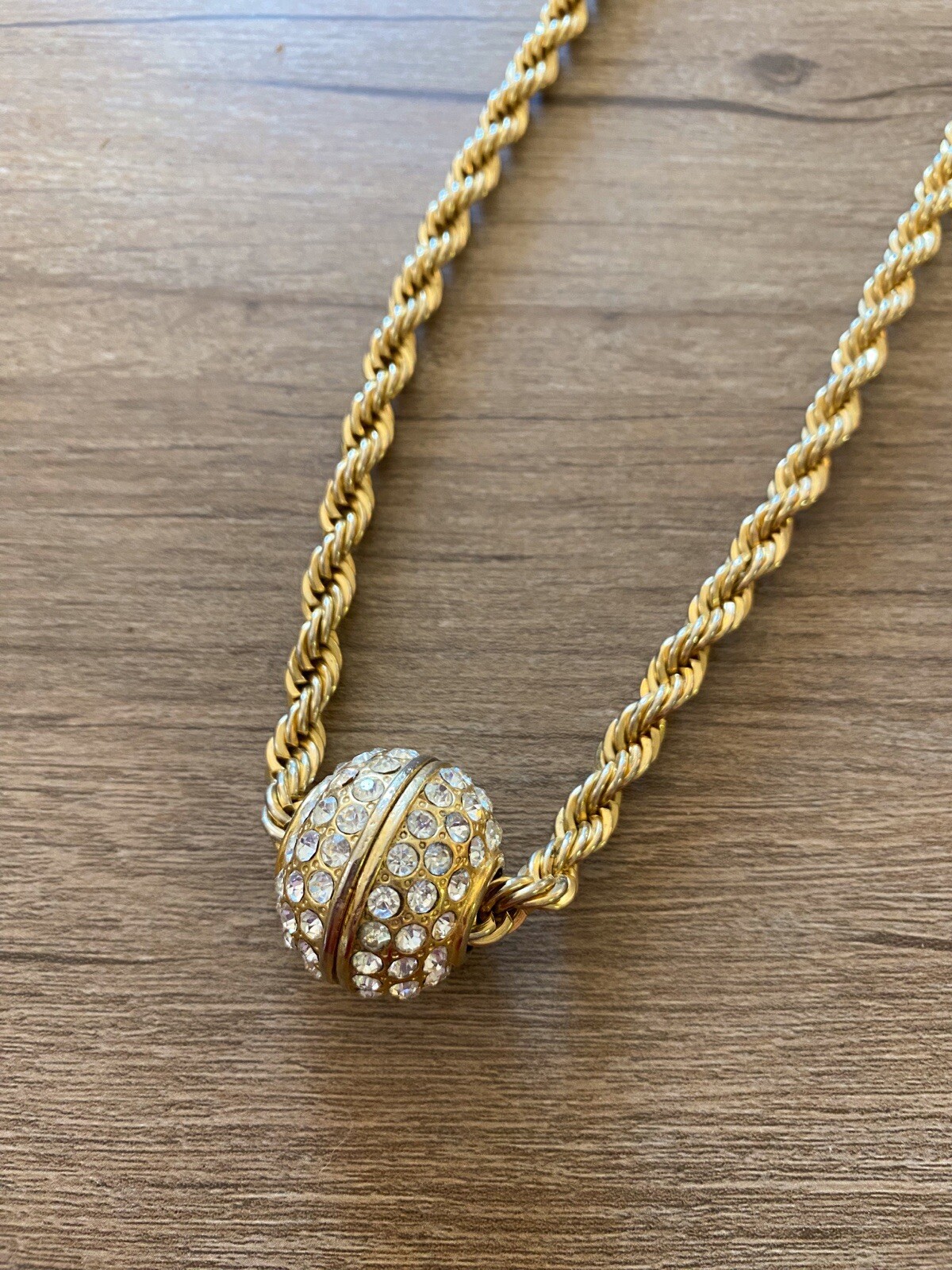 VTG Heavy 14K Gold Plated Rope Chain Crystal Pave Slide Ball Enhancer Necklace