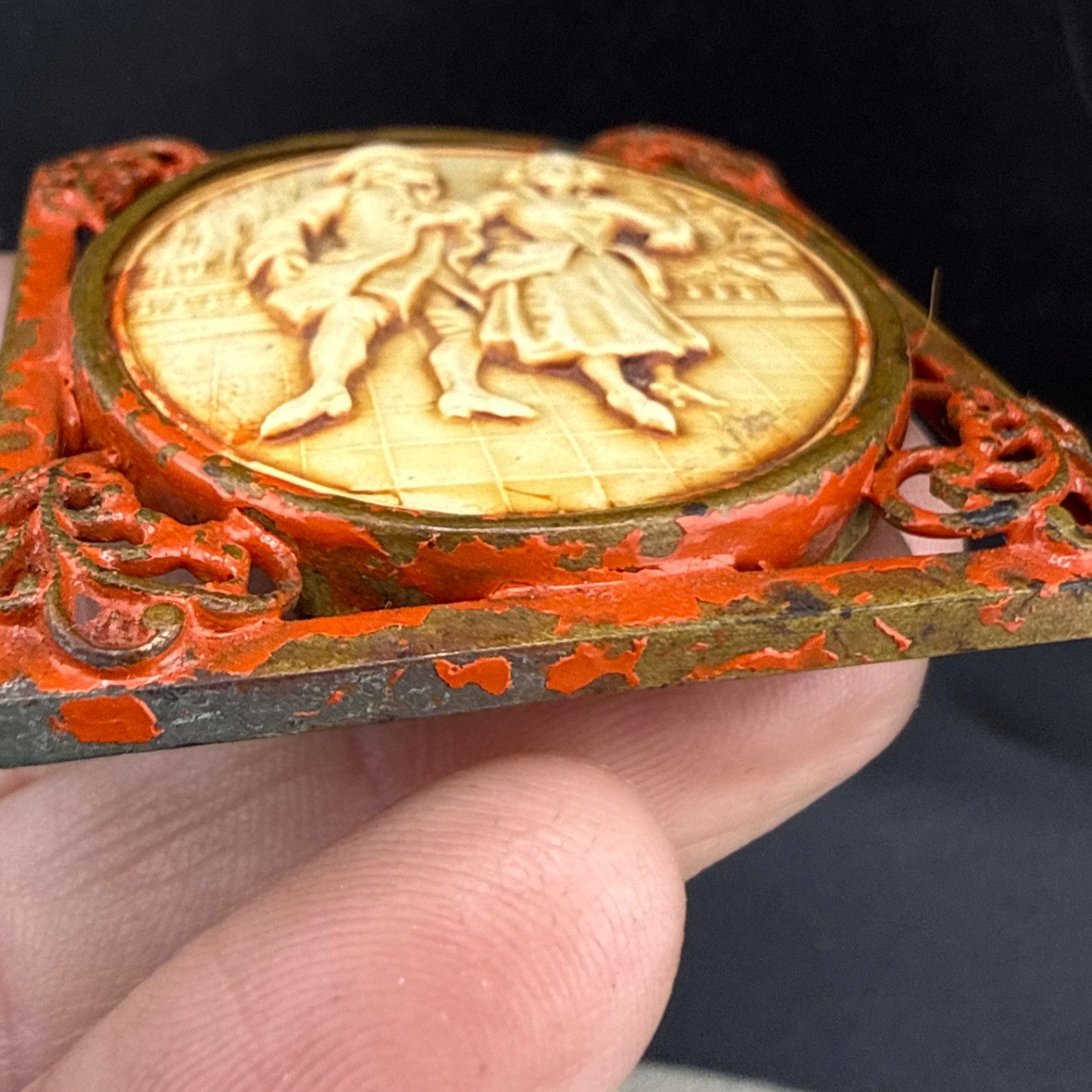 Vintage Colonial Courting Couple Brooch Red Enamel Metal Celluloid