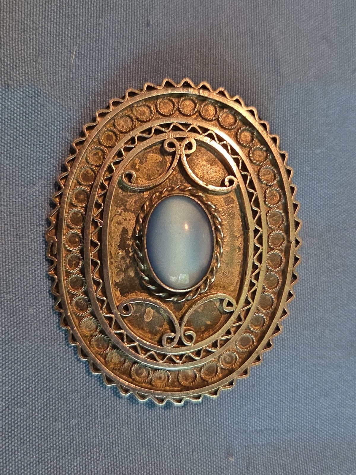 Vintage Sterling Silver Brooch Marked Israel With Blue Calchony Stone