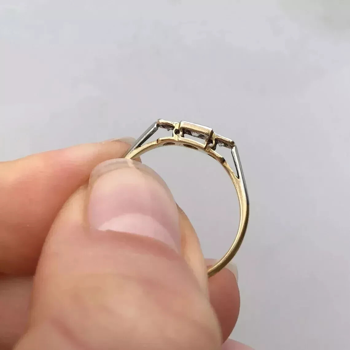 Art Deco Style Three-Stone Round Lab Created 14K Gold FN Engagement Ring