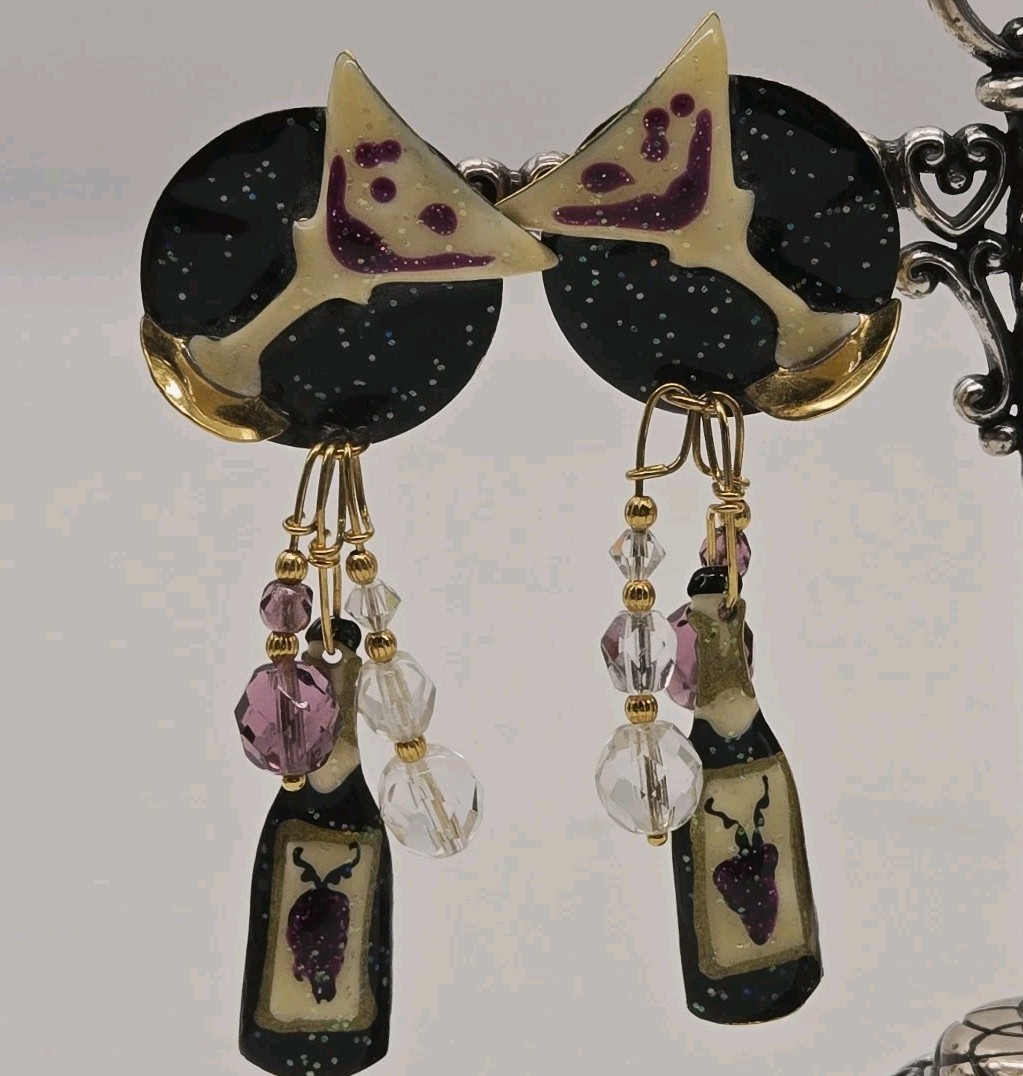 Lunch at The Ritz Champagne Brunch Pierced Earrings Hand Signed Rare Vintage