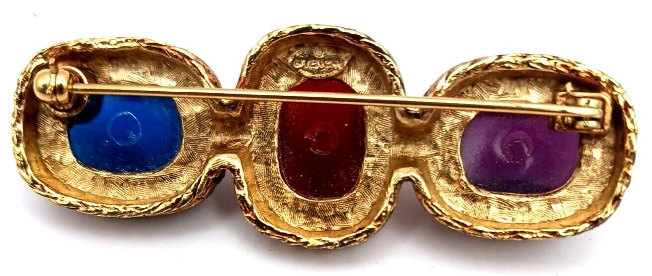 Givenchy Gold Tone Brooch Amethyst Ruby Sapphire Glass Cabochons Signed VTG #J3W