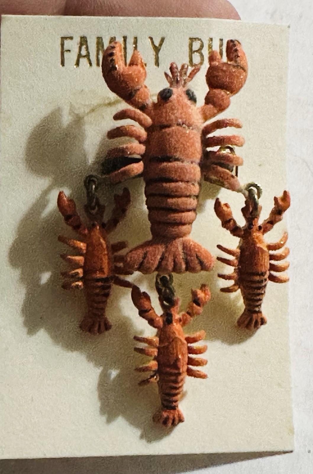 Vintage Mica Flocked LOBSTER Family Babies Scatter Pin NOC Dangle Charms Brooch
