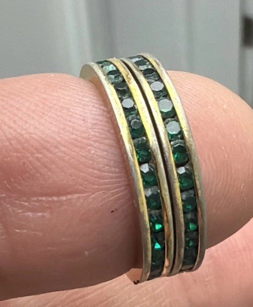 Vintage Gold Plated 3mm Stackable Green Eternity Band Rhinestone Ring 8, 8.25