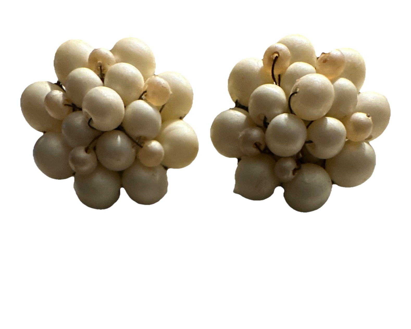 Vintage White Round Bead Cluster Clip-On Earrings for Women, Lobe