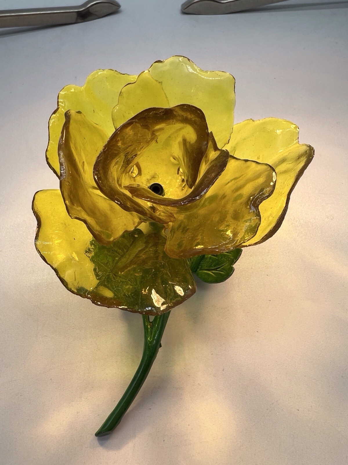 Huge Yellow Flower Brooch Cellulose Acetate Rose Enamel Spring Summer Fab! WB