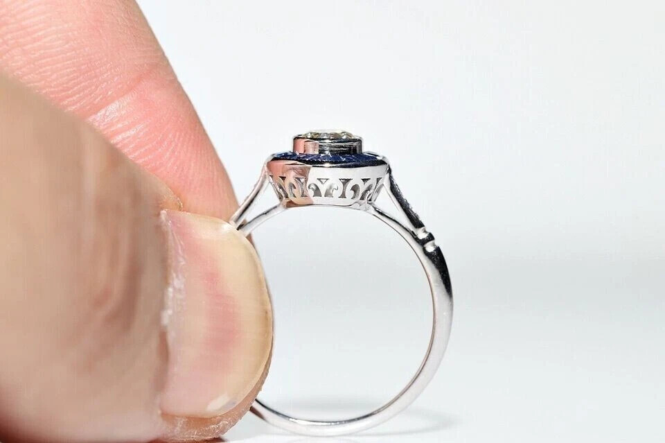 Art Deco Style Old Cut Lab Created Diamond & Sapphire Engagement 925 Silver Ring