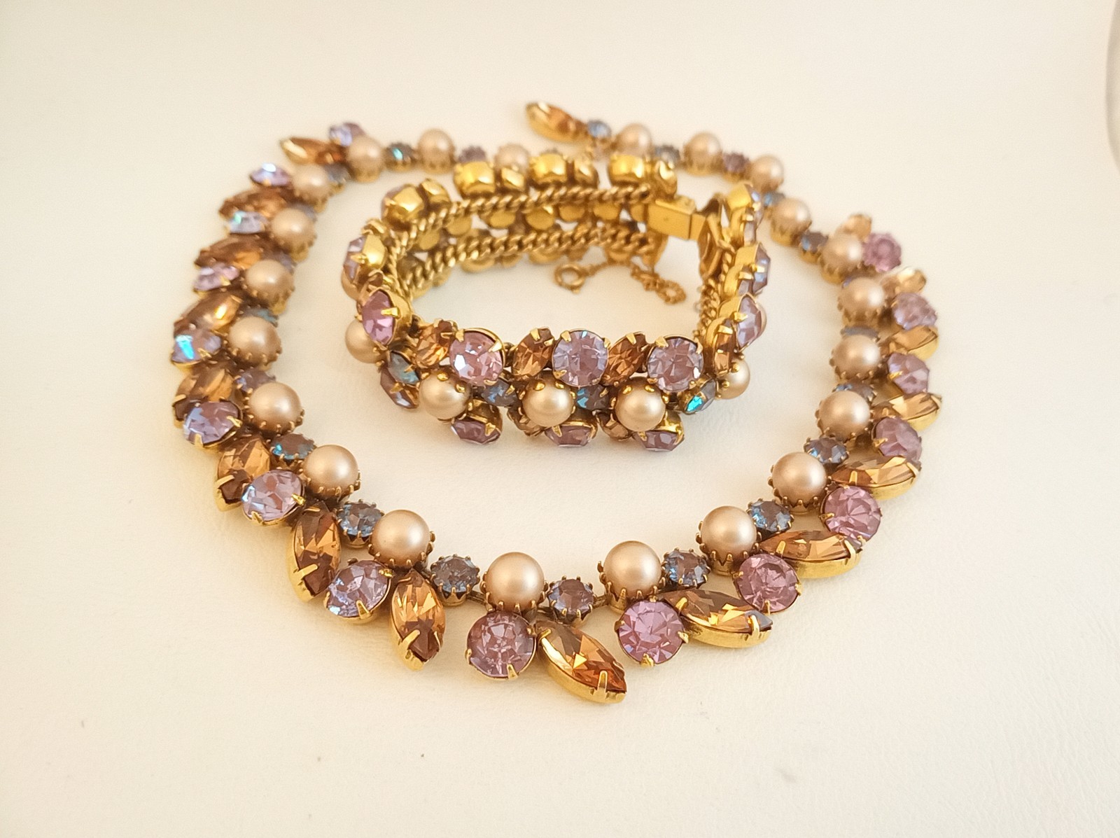 Vintage Kramer New York rhinestone necklace bracelet set pink purple faux pearl