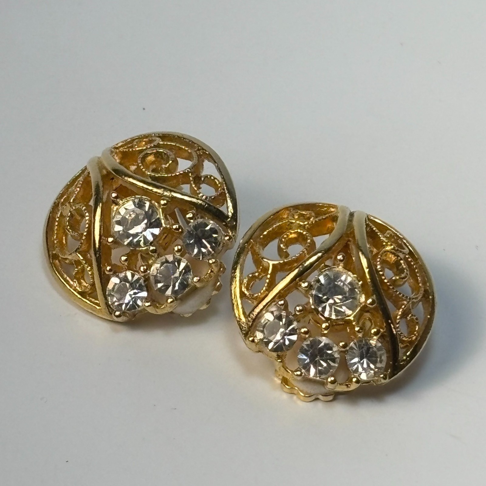 Vintage Earrings Filigree Gold Tone Rhinestones Elegant Clip On