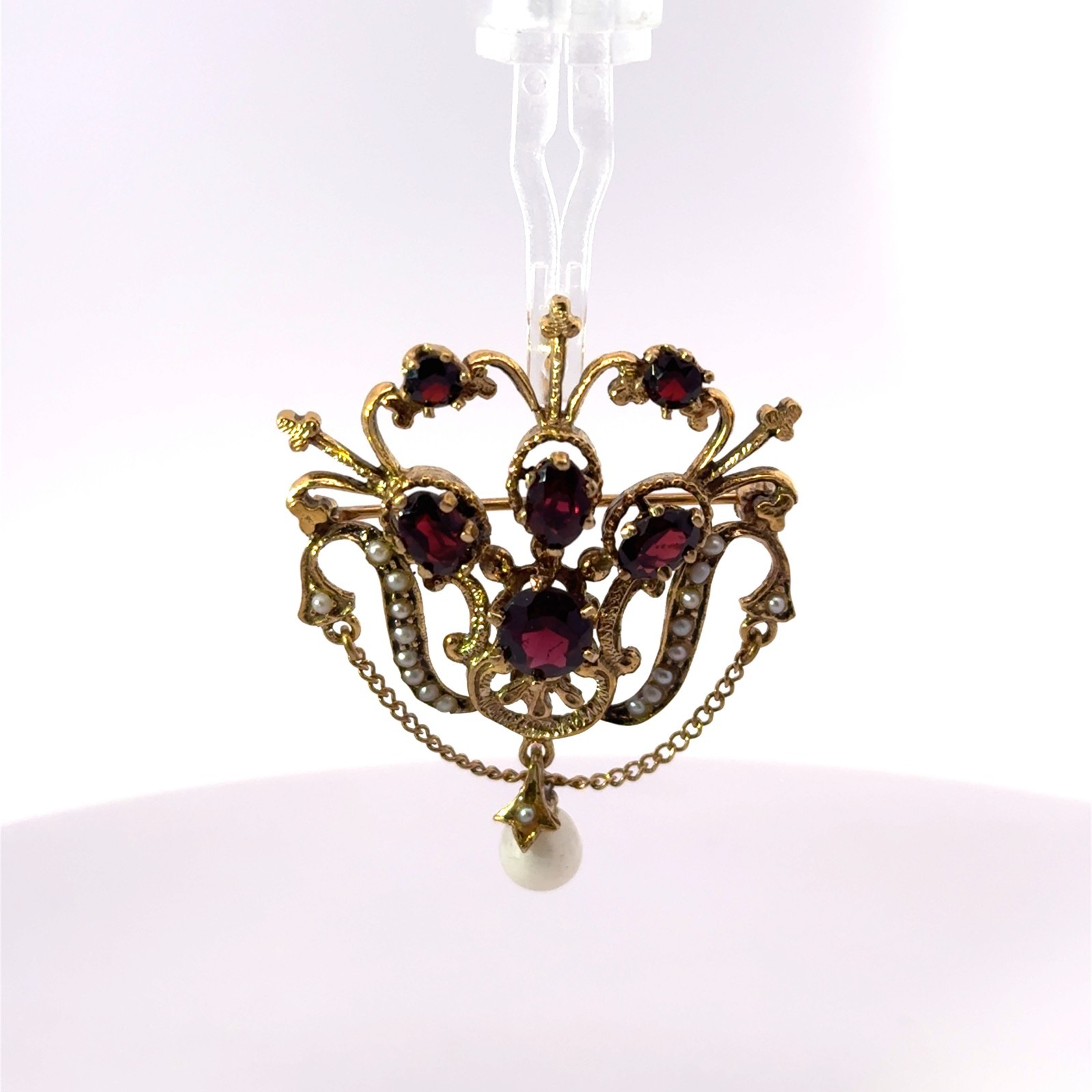 Antique 14k Stamped Yellow Gold Garnet & Pearl Brooch Pin