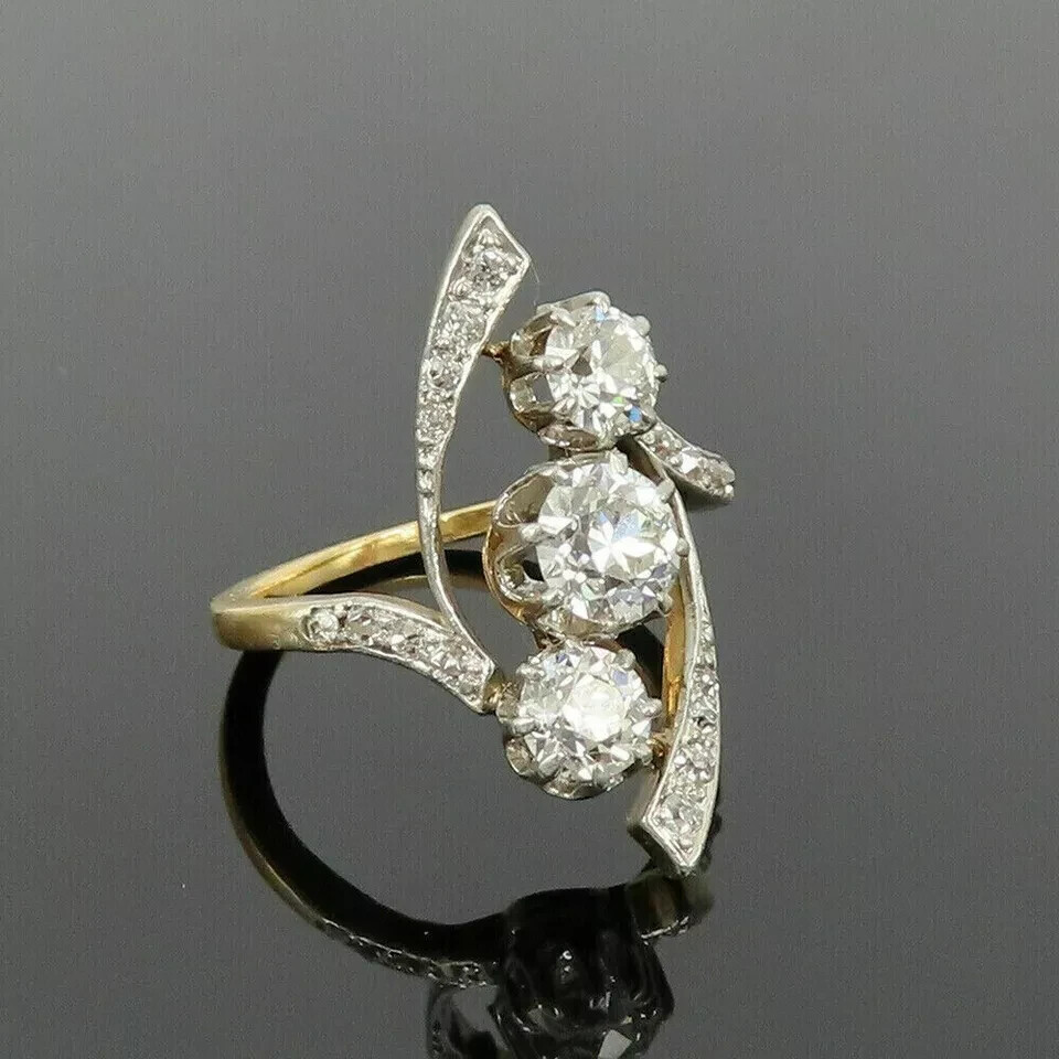 2CT Round Cut Moissanite Trilogy Vintage Engagement Rings 14K Yellow Gold Plated