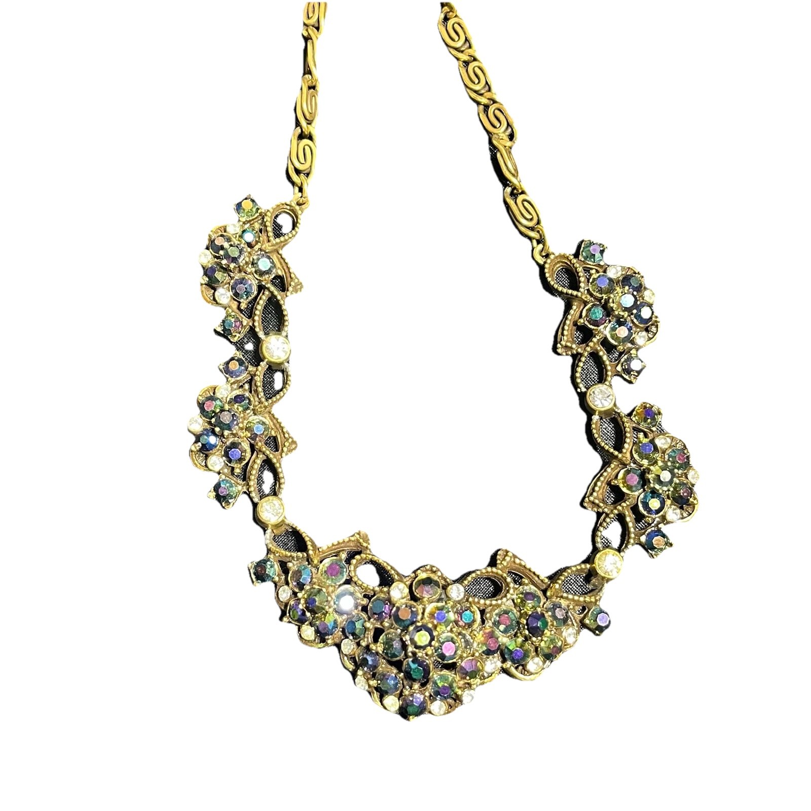 Vintage Florenza Peacock Blue & Vitrail A/B Rhinestones Necklace & Earring Set