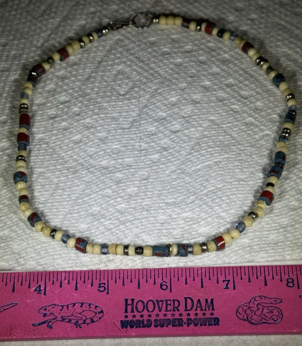 COLORFUL MIXED MATERIALS BEADED NECKLACE 16″ LONG TURQUOISE? PLASTIC METAL GLASS