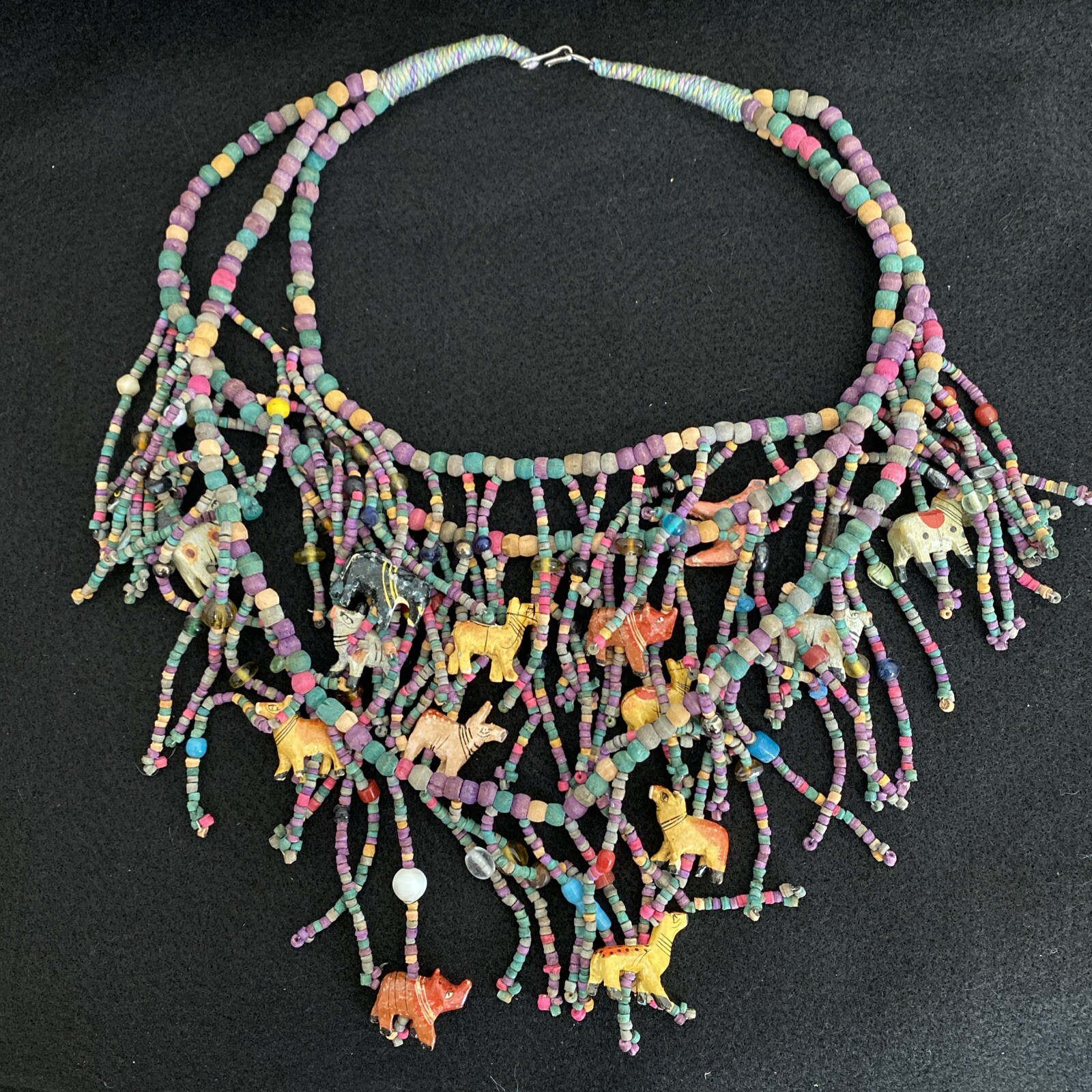 Vintage African Multi-Strand Wooden Carved Animal & Beads Necklace Earrings Set
