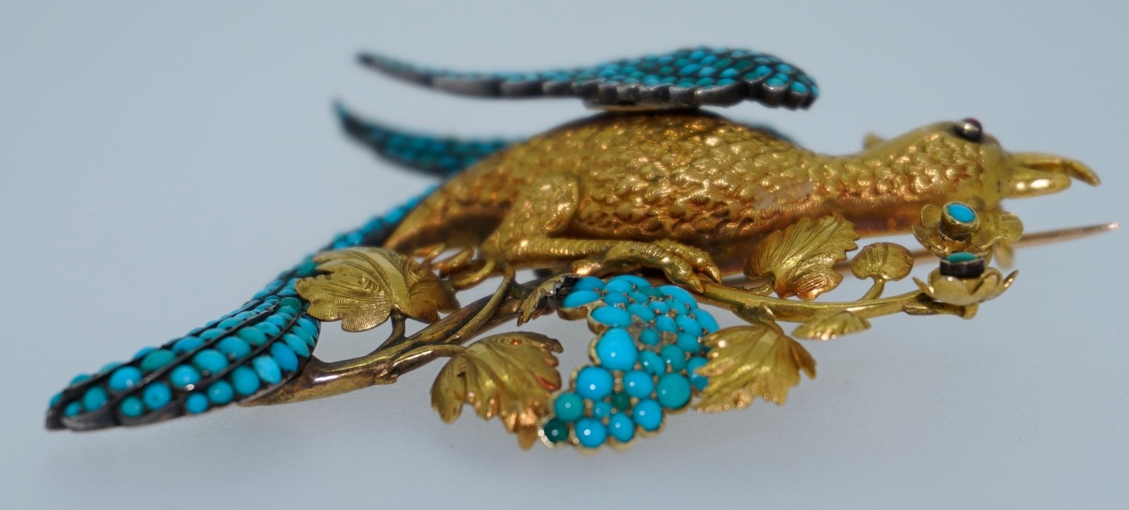 Antique 18K Pave Turquoise & Ruby French Bird Brooch