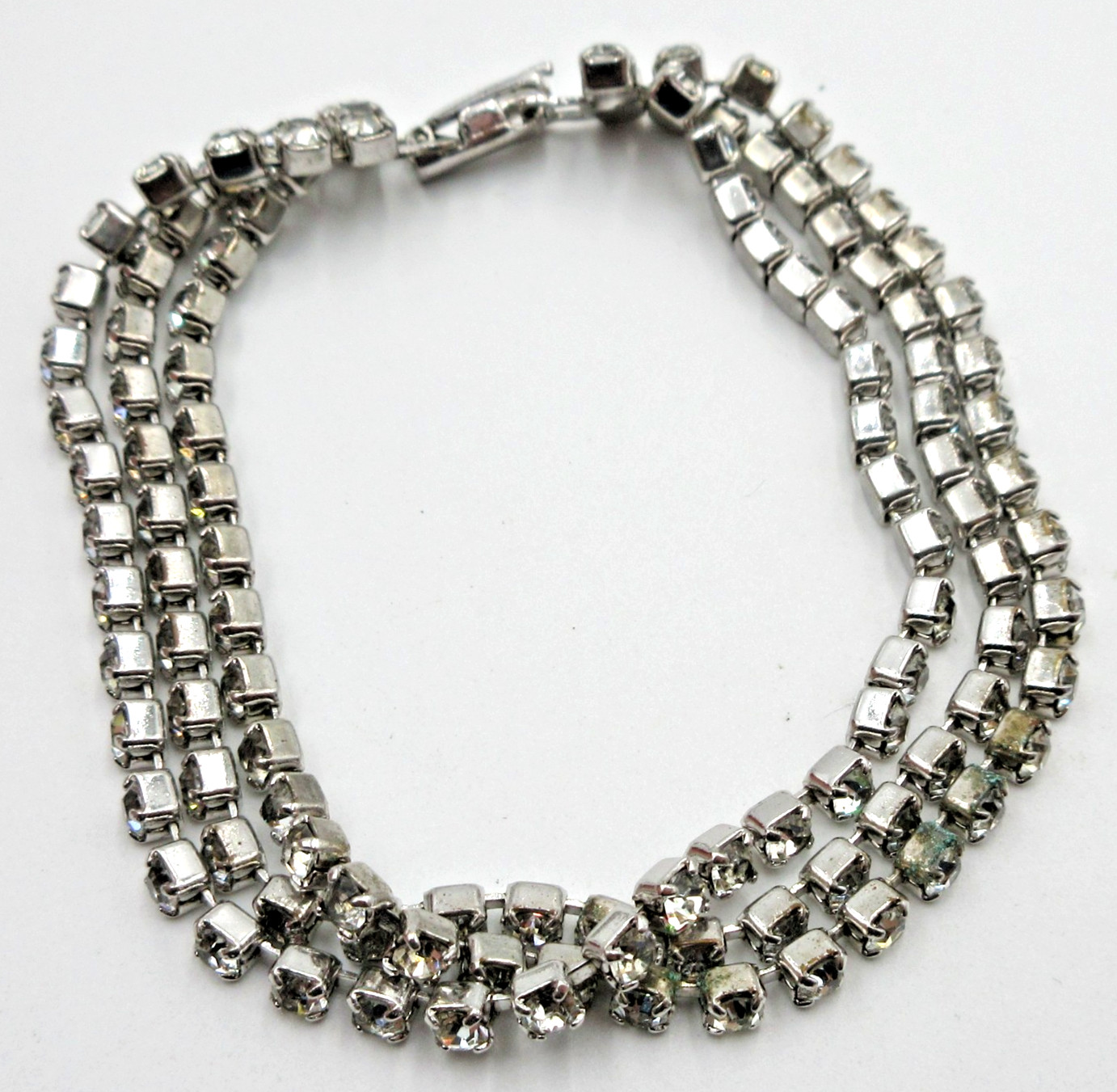 VTG TRIPLE BAR LINK 6.75″ clear RHINESTONE WRAP bracelet Silver tone mtl jewelry