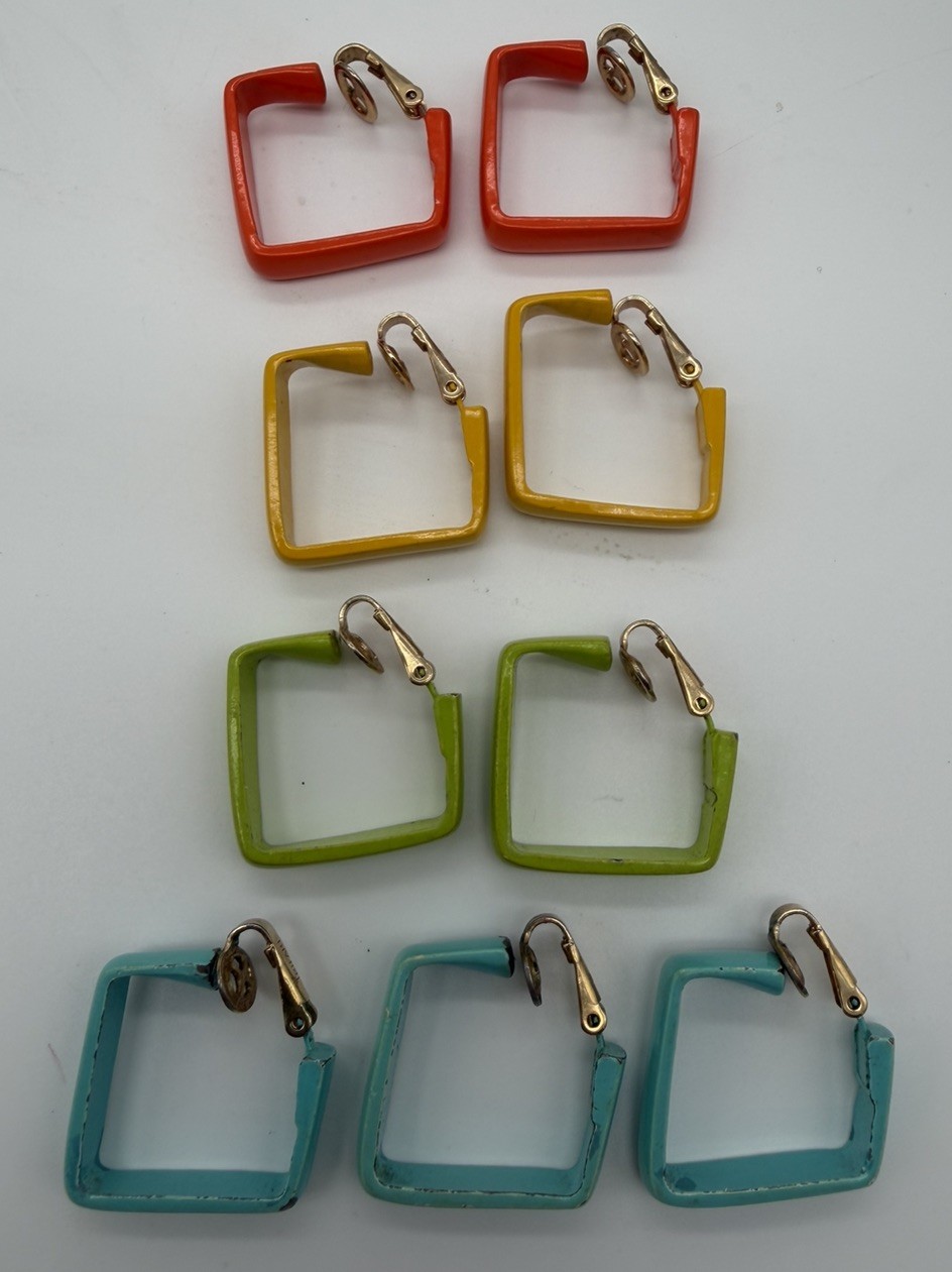 Vintage Crown Trifari Enamel Square Hoop Clip On Earrings Lot Multi Color 1960s