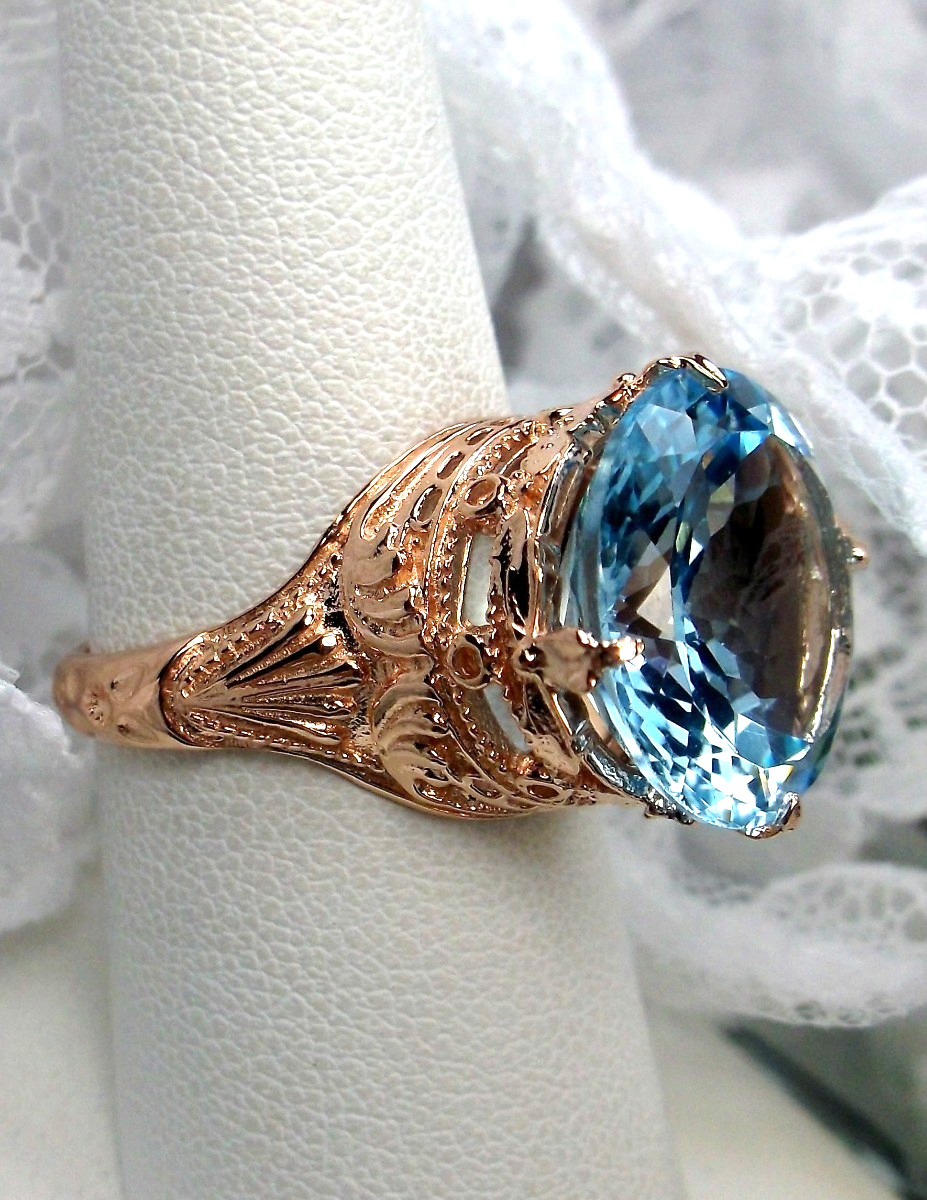 NATURAL 18ct Blue Topaz Sterling Rose Gold Filigree Ring (Custom-Made)* D52