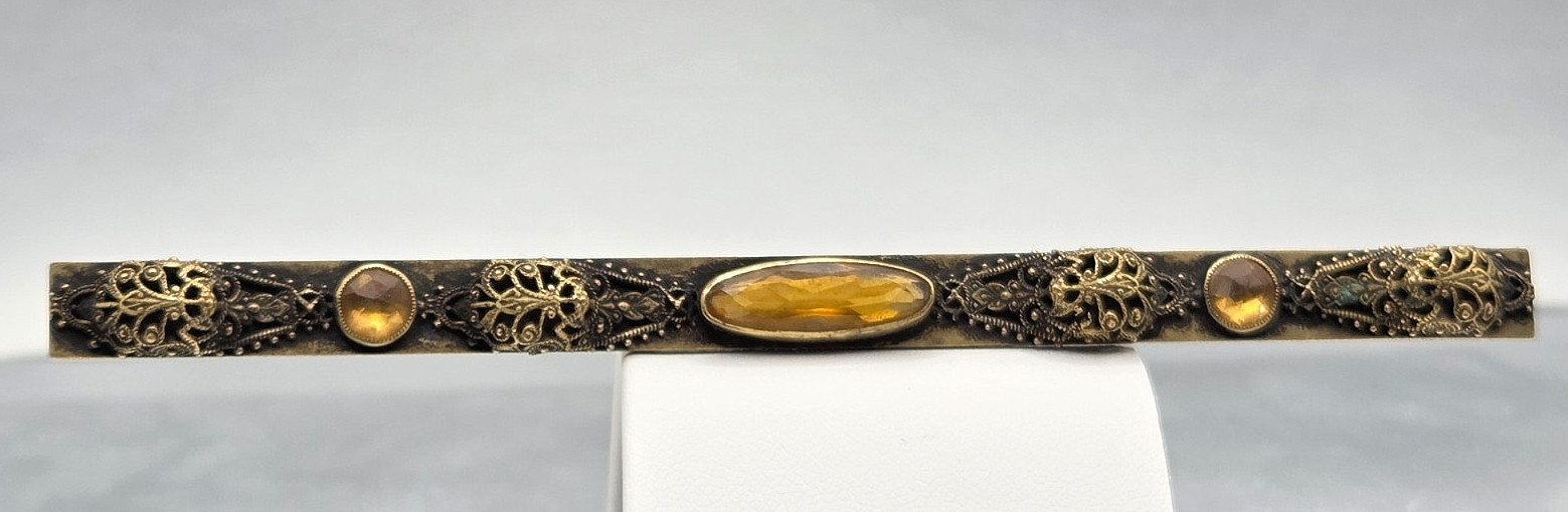 Vintage Victorian Bohemian Yellow Glass Brass Bar Long Brooch