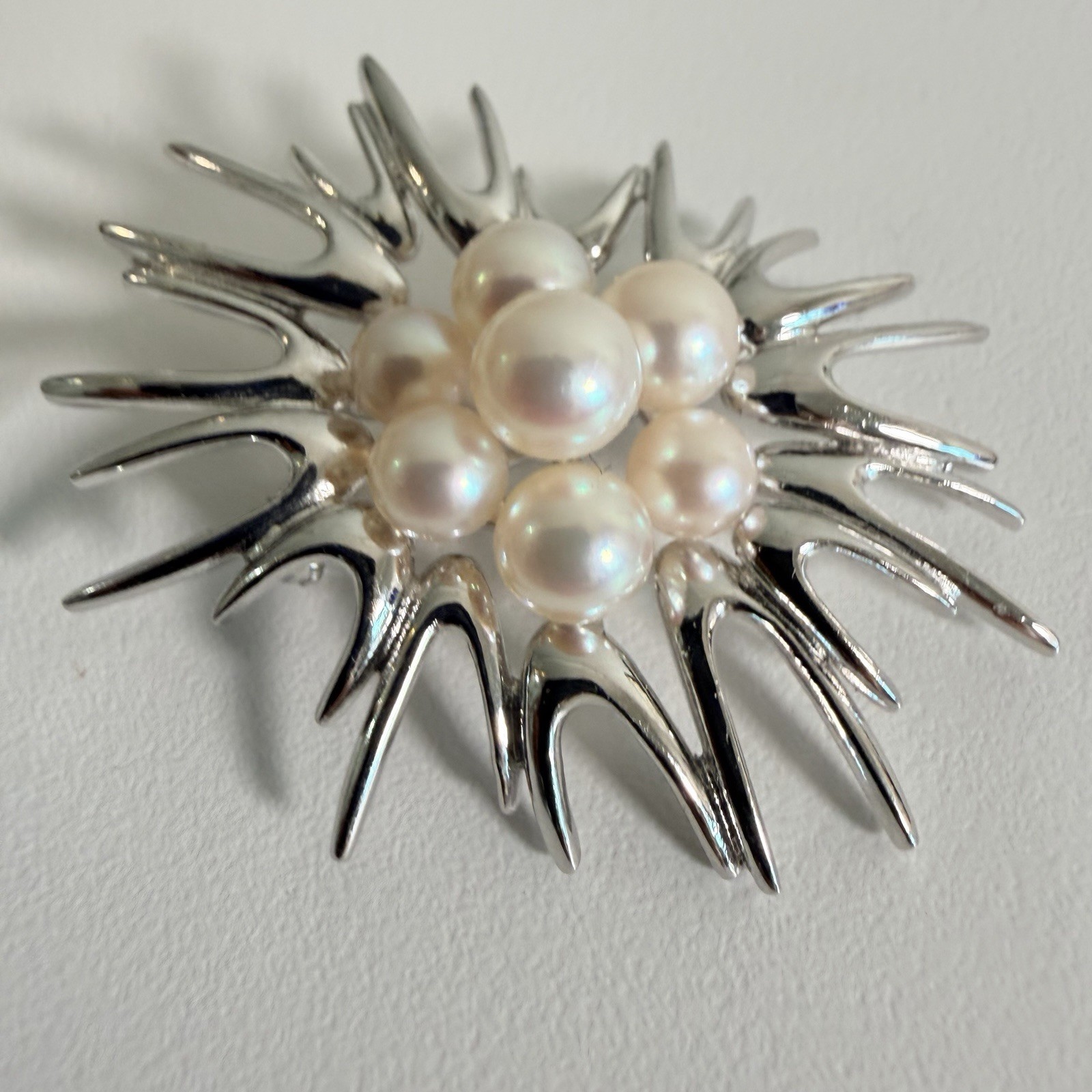 Mikimoto Akoya Starburst / Sea Urchin Pearl & Sterling Silver Vintage Brooch MCM