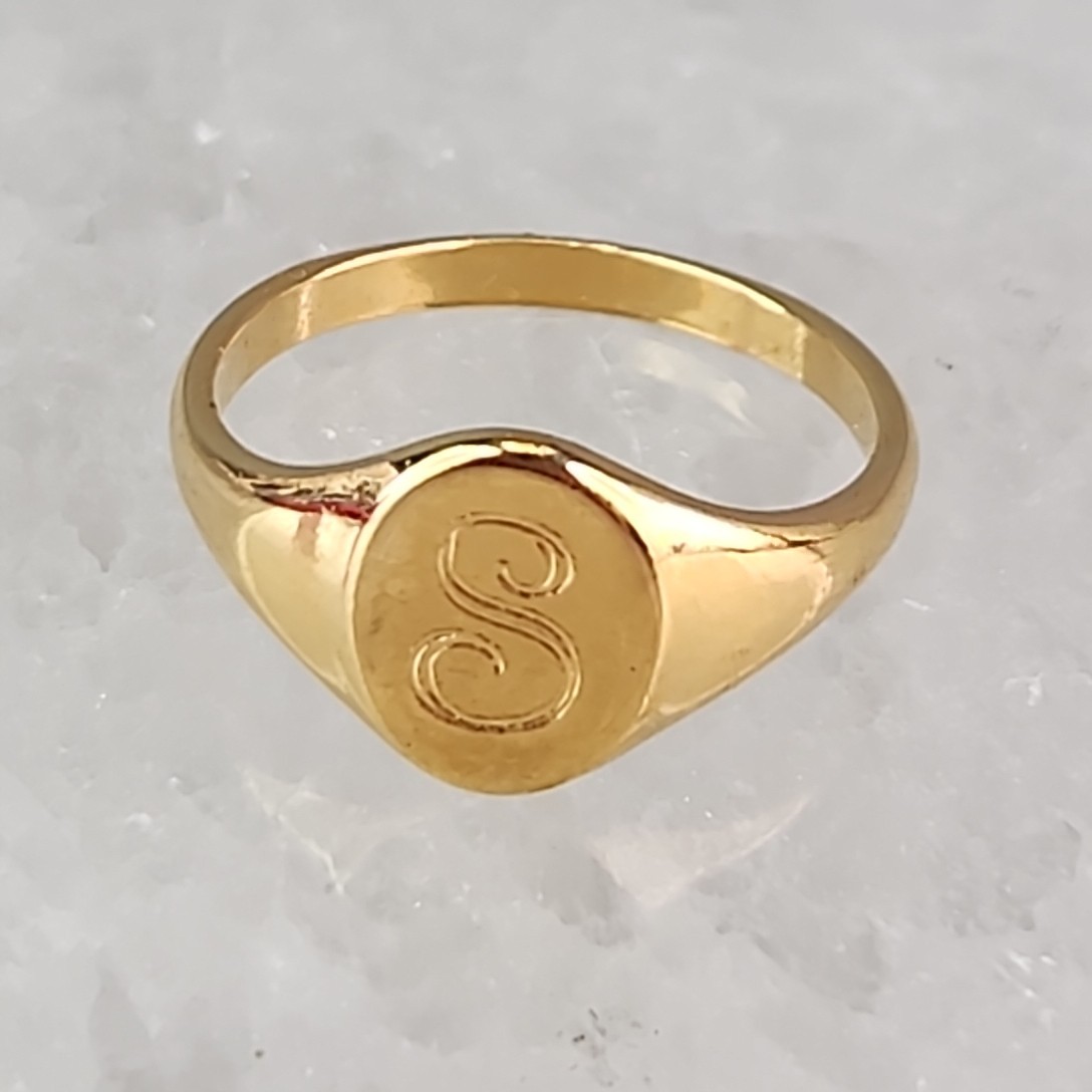 Signet Ring Etched S Monogram Gold Plated Child Pinky Small 5