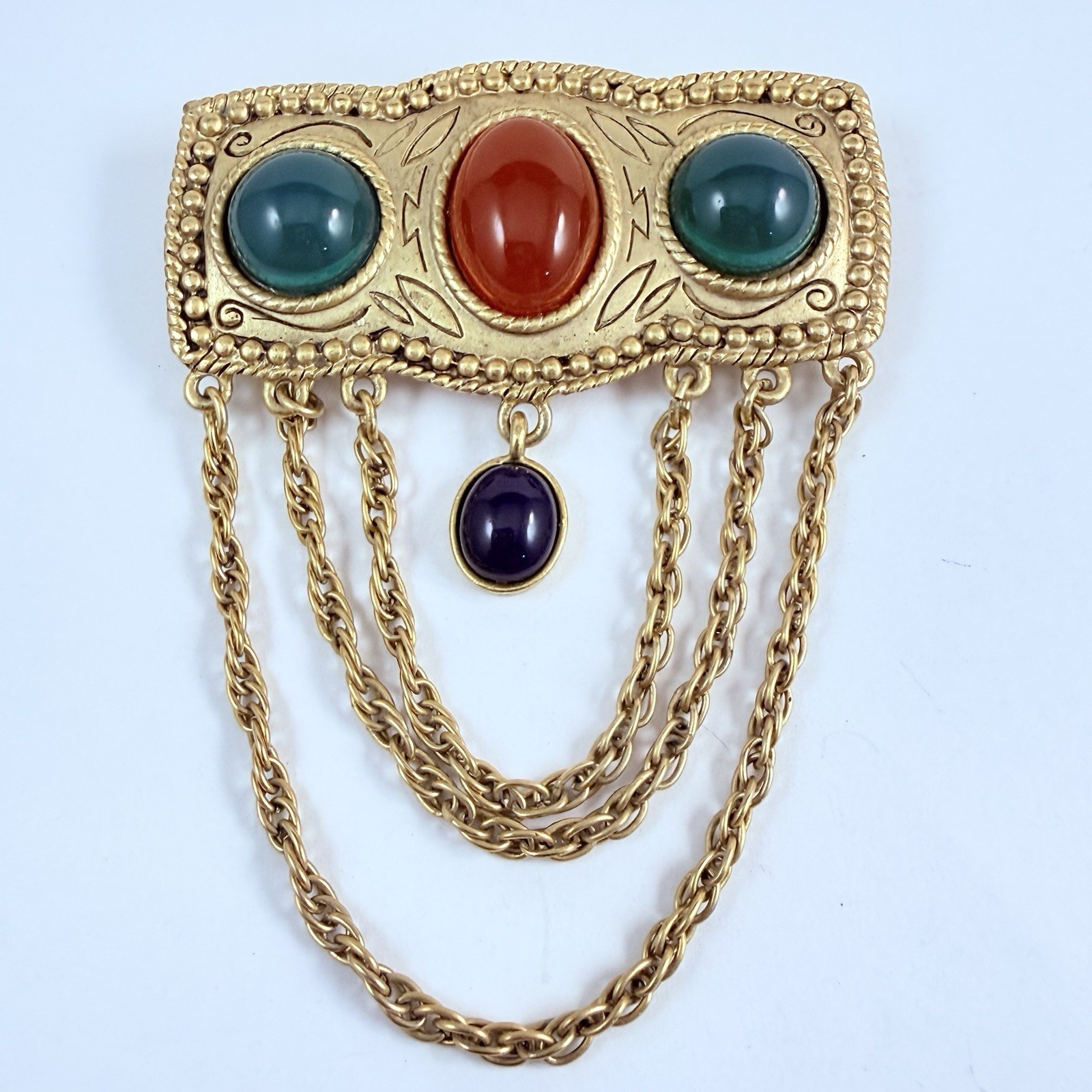 Vintage Faux Carnelian Jade Lucite Cabochons Gold Tone Brooch Costume Jewelry
