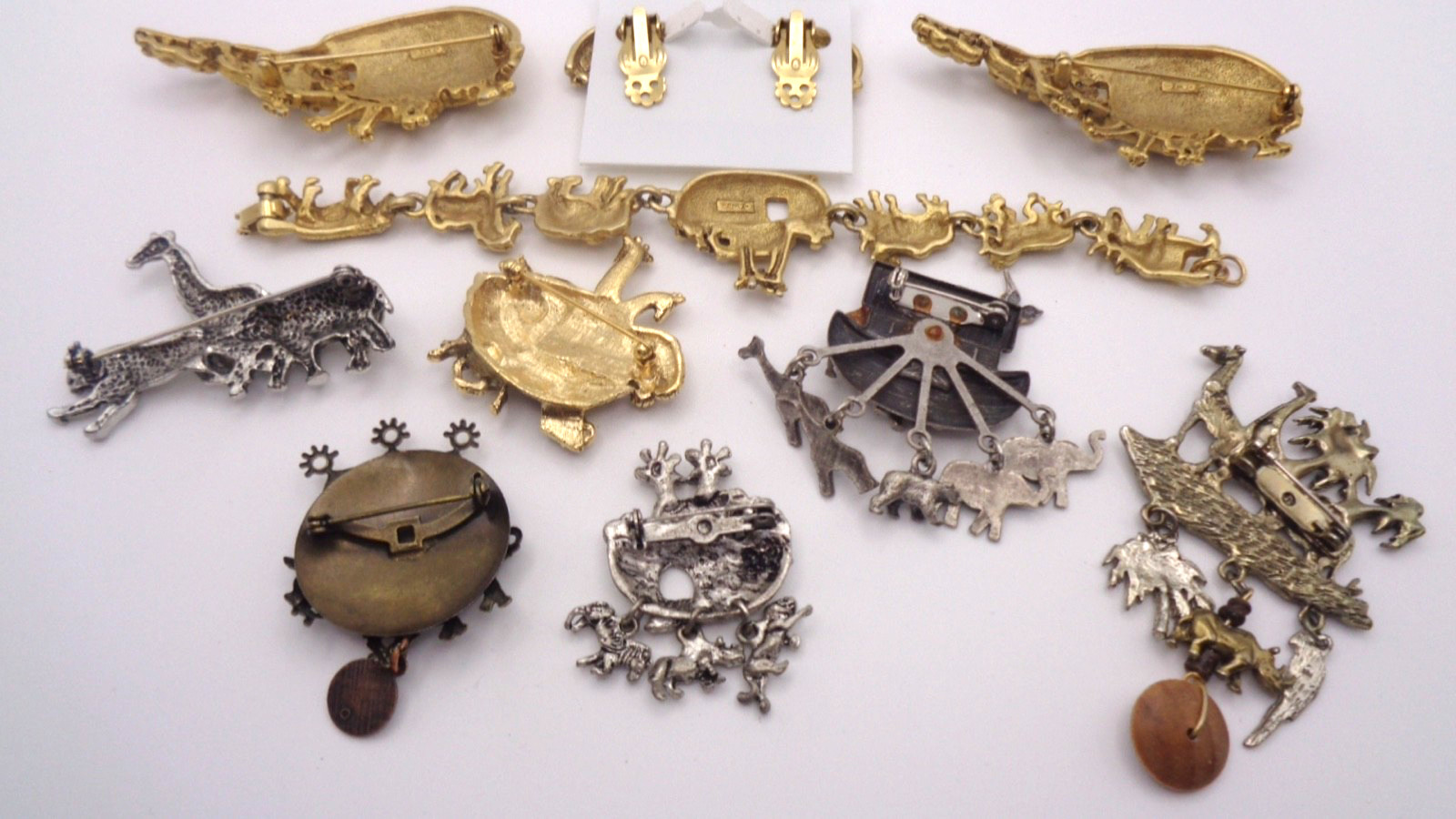 10 Vintage Gold & Silver Tone Noah’s Ark Animal Bracelet Brooch Clip Earring Lot