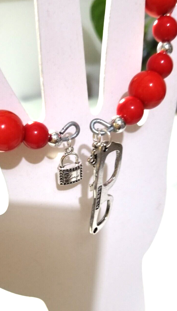 Vintage Handmade Unisex Adult Adjustable Red Beaded Bracelet with Charms