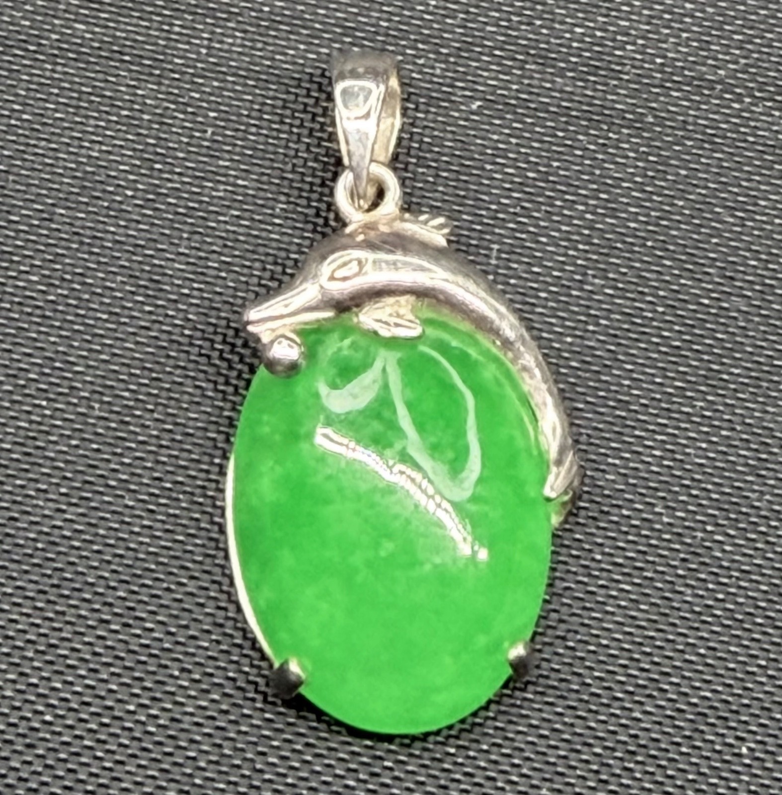 Vintage Dolphin Pendant Sterling 925 w/Green Jade Cabochon Oval