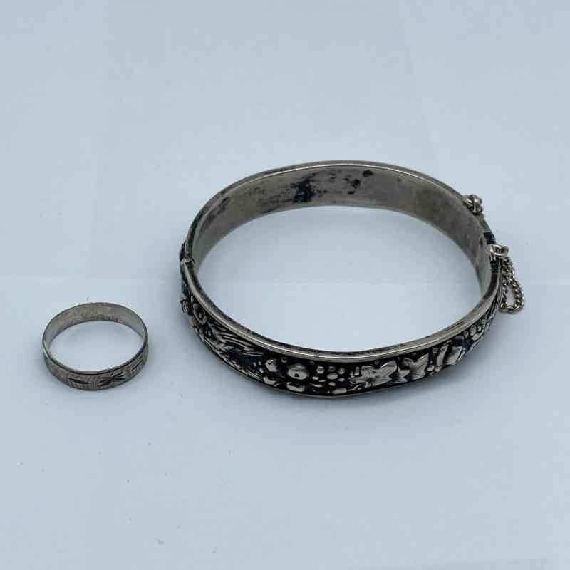 Mexican Sterling Silver 925 Floral Bangle Bracelet 5 7/8″ & Engraved Ring Size 4