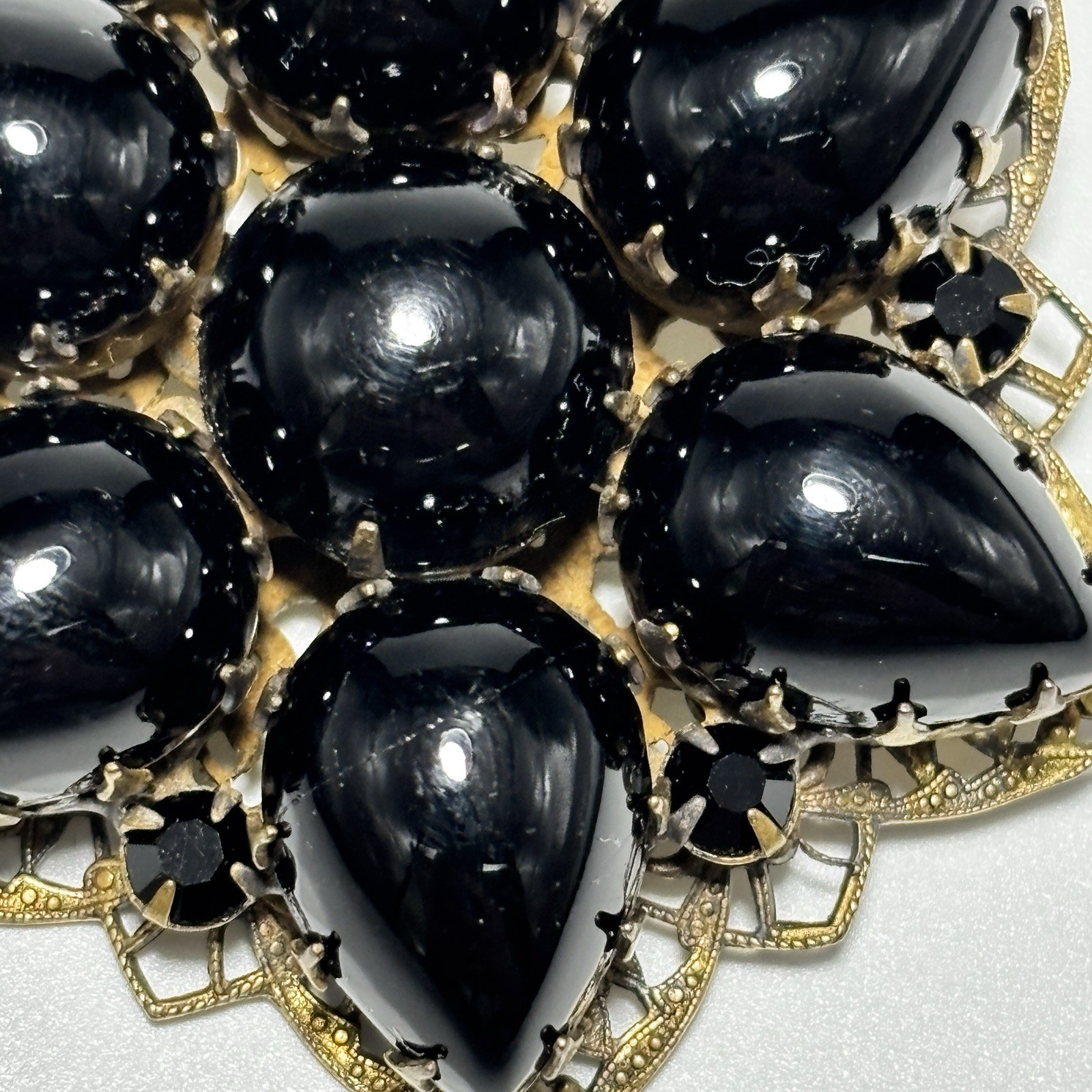 Vintage Brooch Pendant Teardrop Black Glass Cabochons Double Layered 2-1/8″ Long