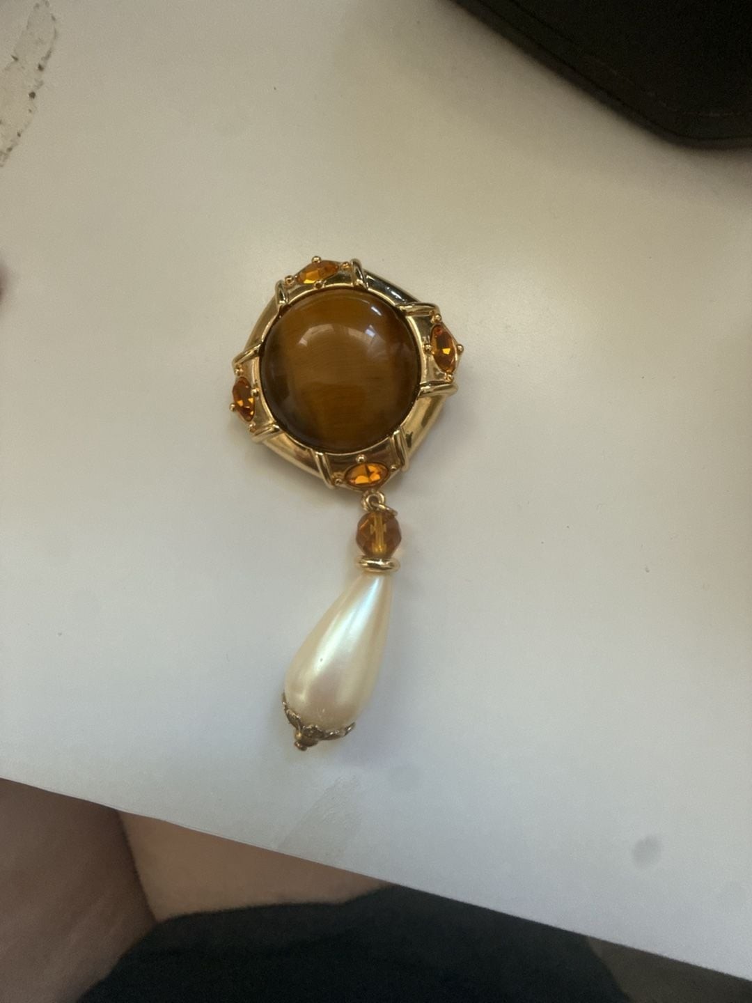 Vintage Gold Tone Faux Pearl and Amber Cabochon Dangle Brooch