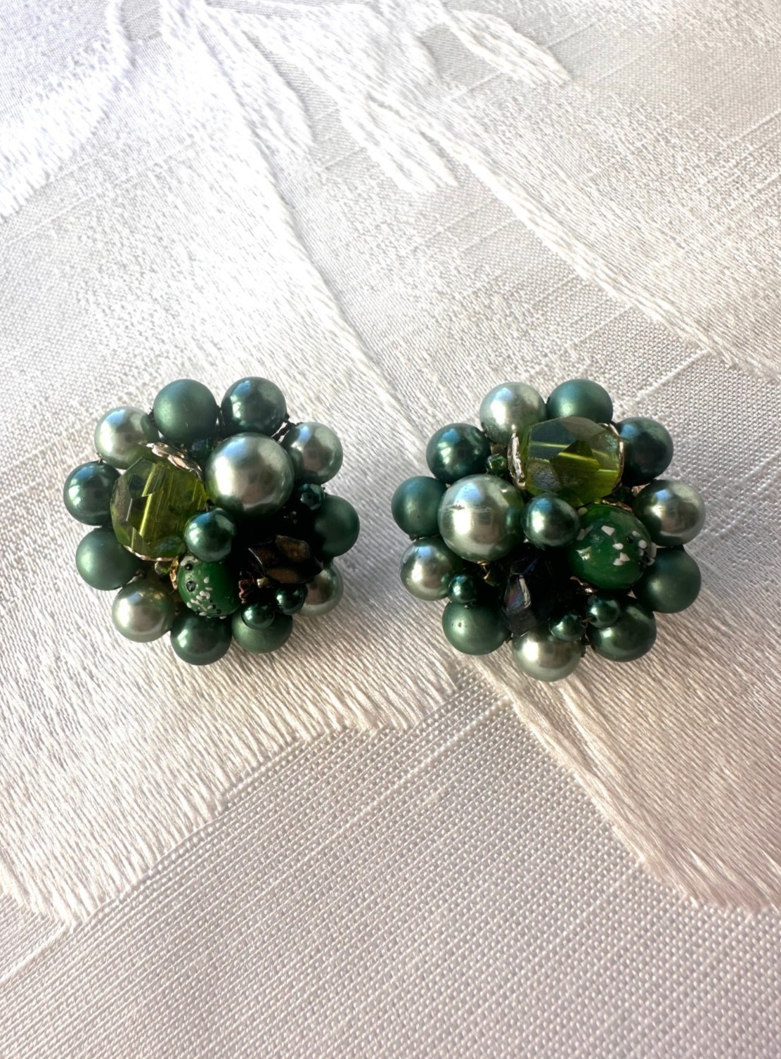 Vintage Green Tone JAPAN and Red Tone HONG KONG Beaded Clip On Earrings