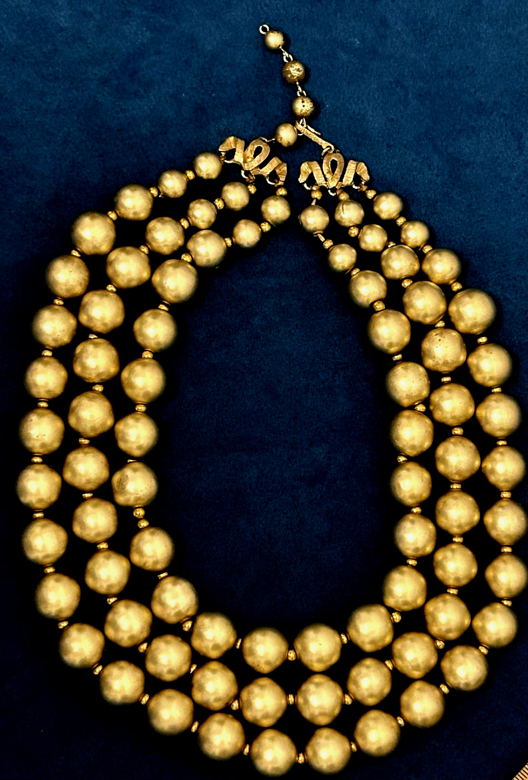 VTG Kramer Signed Triple Strand Graduated Faux Pearl Necklace Gold Tone 1950s