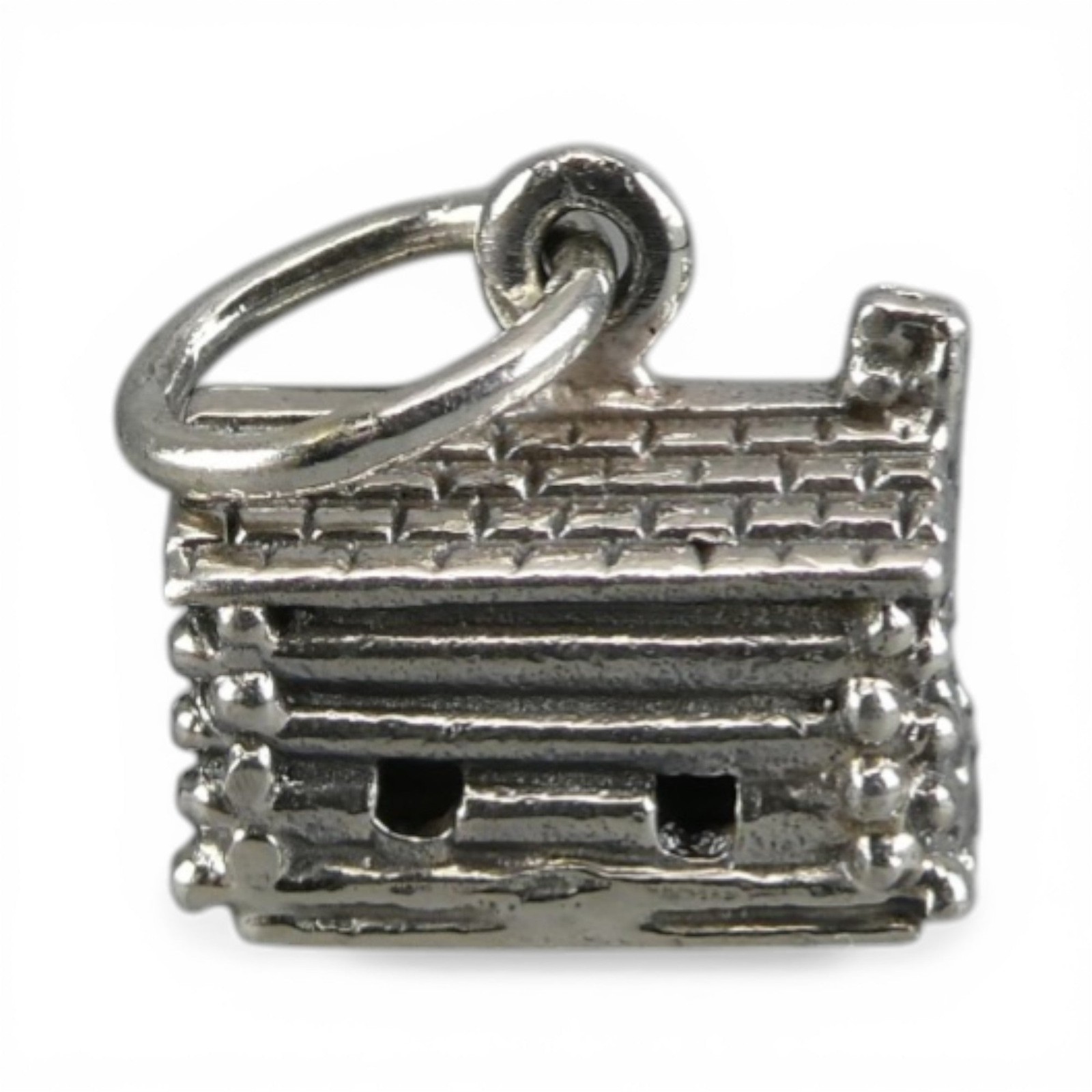 Sterling Silver LOG CABIN Charm for Bracelet PENDANT Brown County VINTAGE Cute!