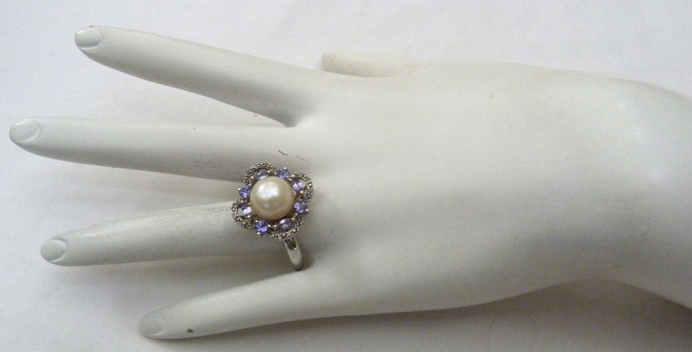 DESIGNER HT 9.5MM LARGE CULTURED PEARL AMETHYST GEMS STERLING SILVER RING SZ 10