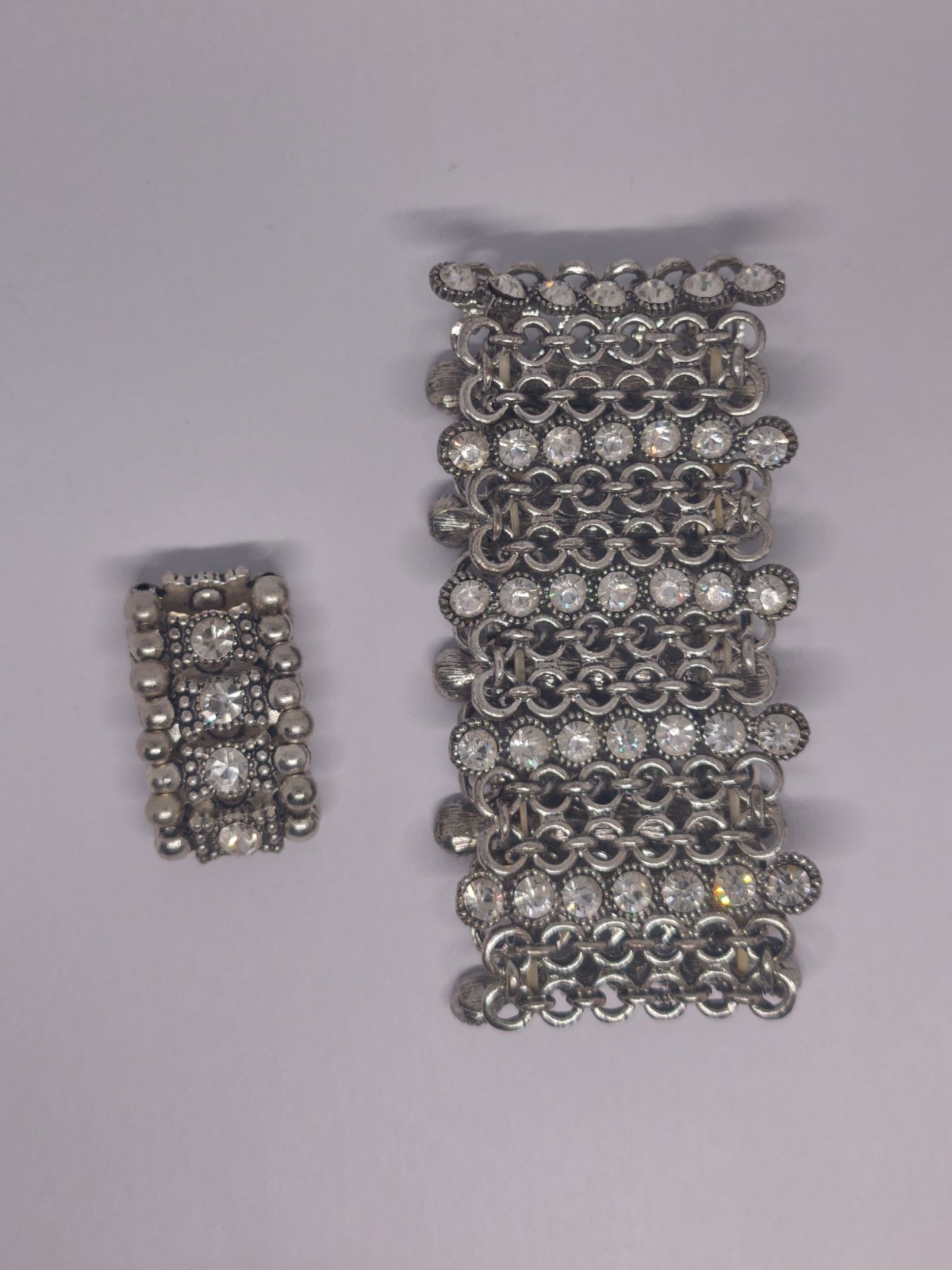 Vintage Wide Silver Tone Rhinestone Chain Link Cuff Bracelet Statement Jewelry