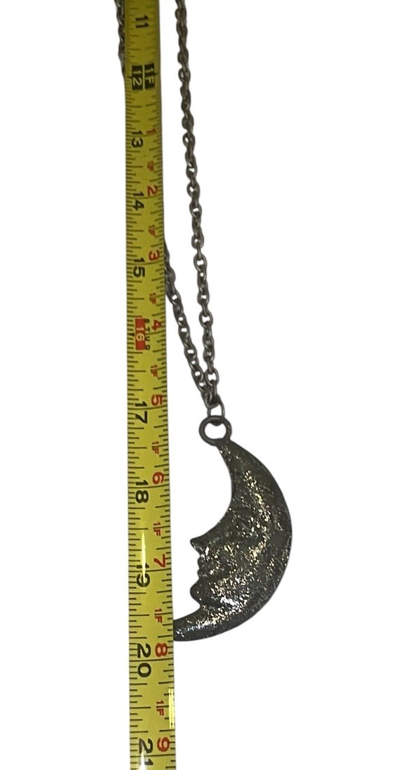 Vintage Crescent Man In The Moon Face Necklace Celestial Silver Metal Sparkle