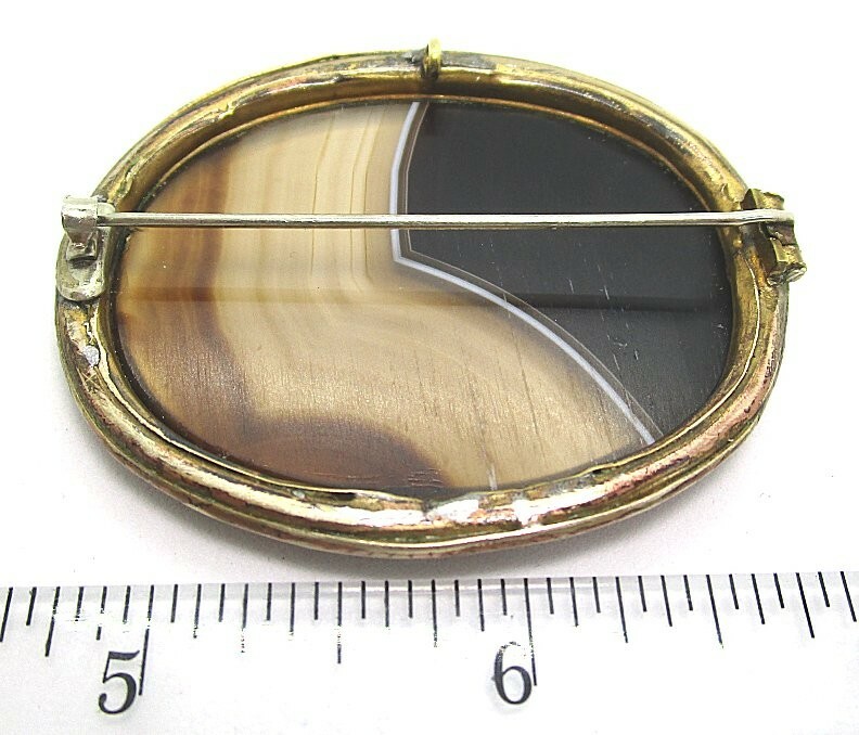 VICTORIAN Gold Plated Brass and Agate Pin / Pendant 21.4 grams 2 1/2” x 2”