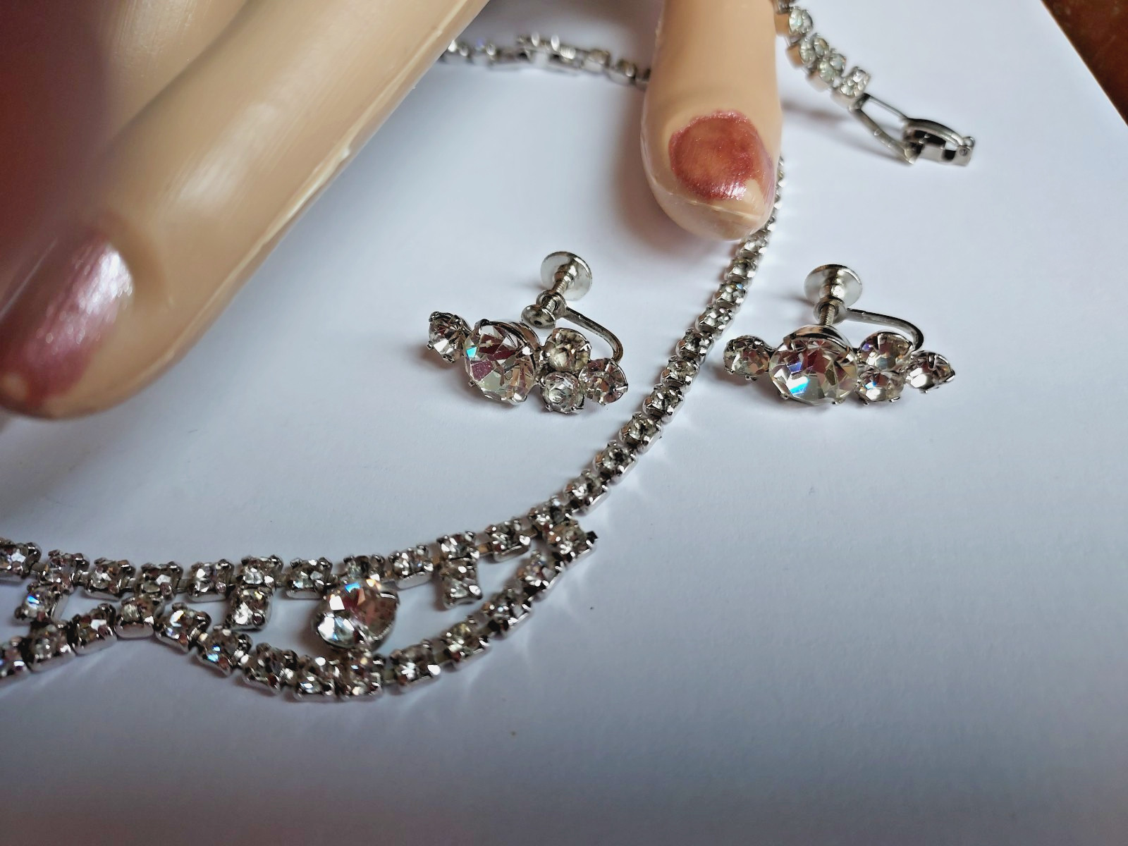 Rhinestone Parure 3 Piece Crystal Clear Bracelet Earrings Necklace Vintage Set
