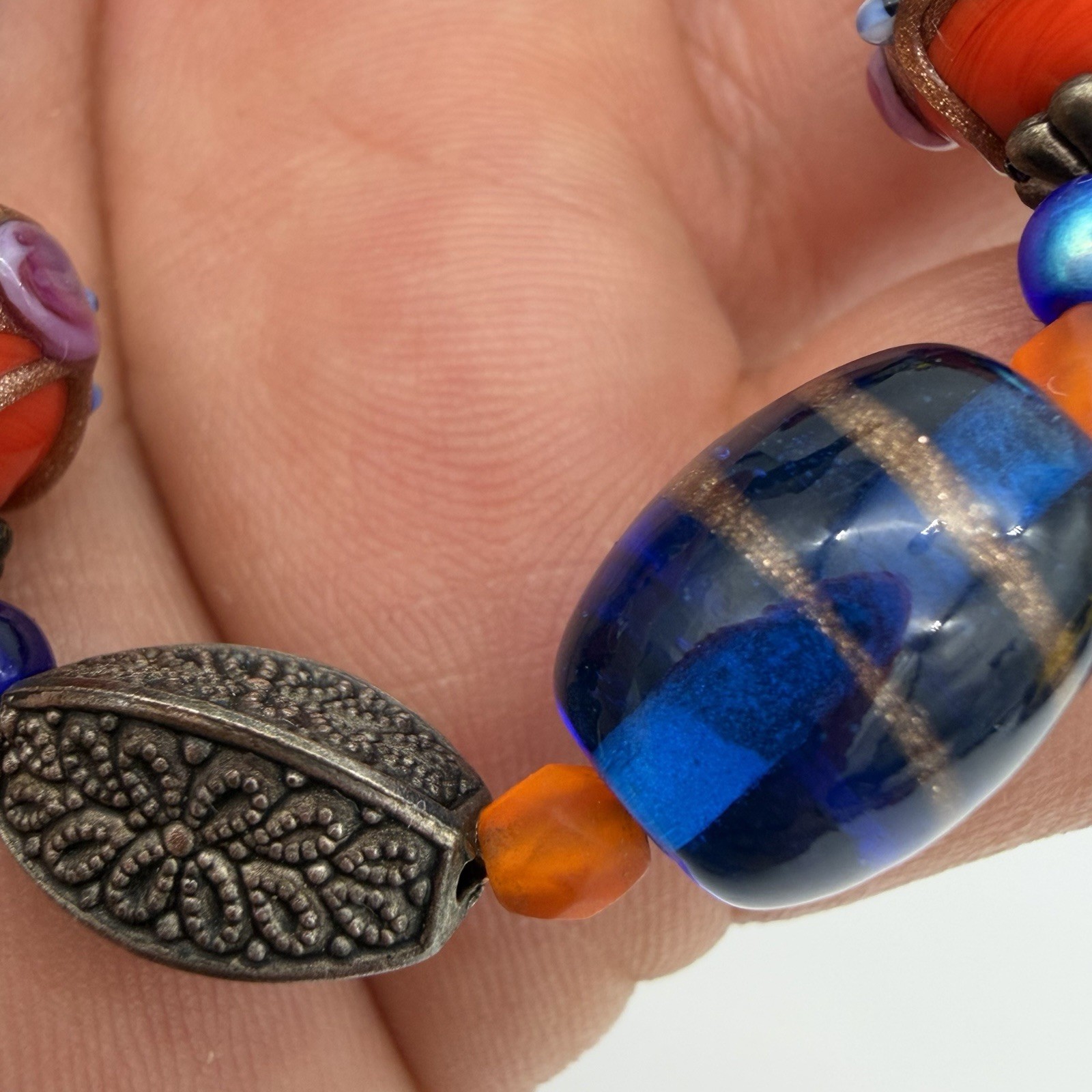 Vintage Wedding Cake Bead Necklace Lamp work Red Orange Cobalt Blue Glass