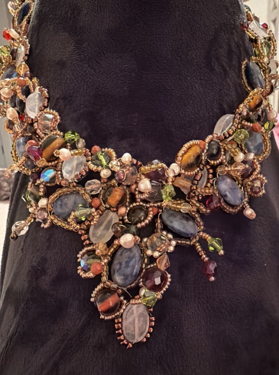 Vintage Unique Smoky Gem Beaded Handmade Choker Bib Statement Jewelry Necklace