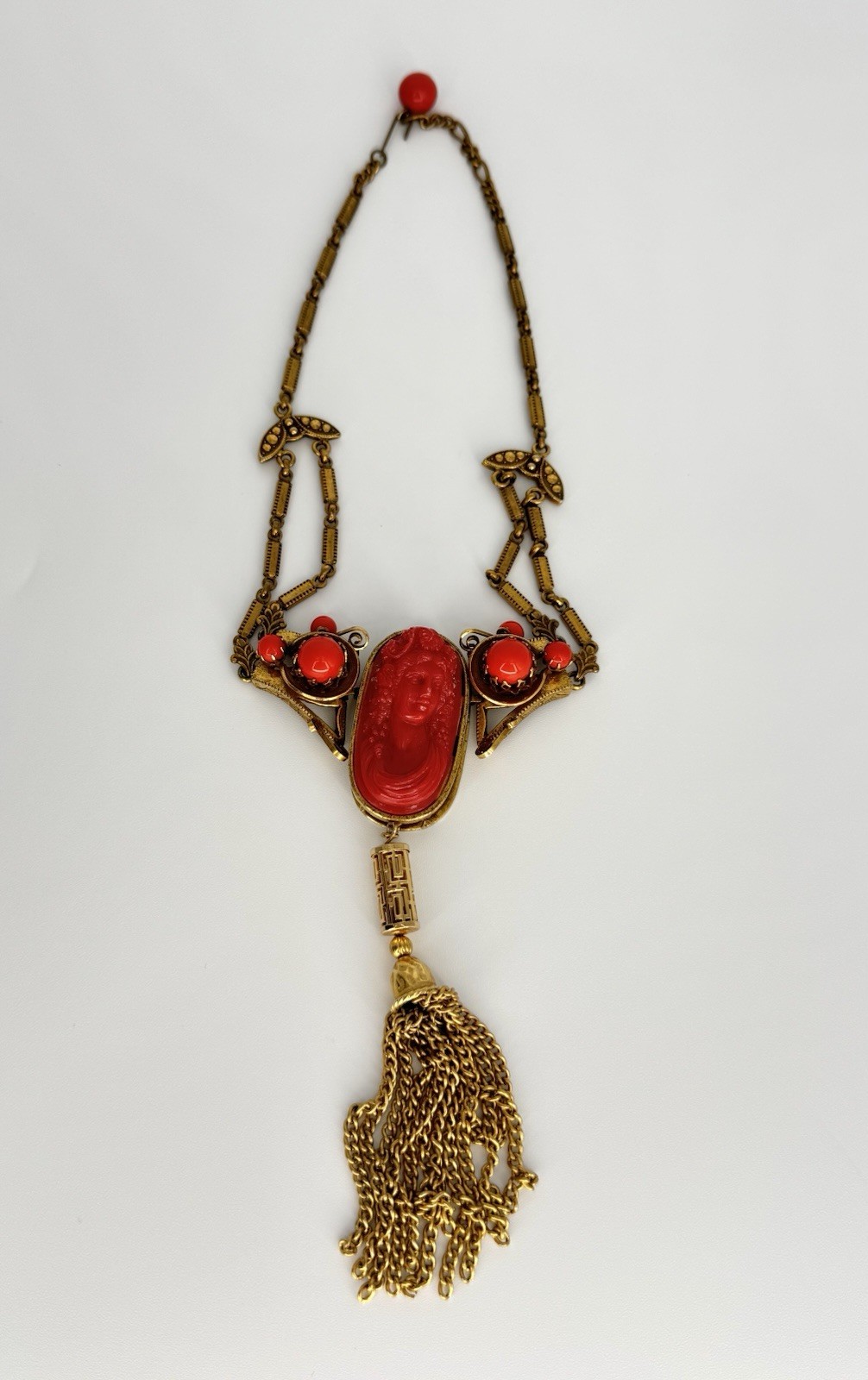 Vintage 1920s-1930s Art Deco Czech Faux Coral Cameo Brass Tassel Necklace